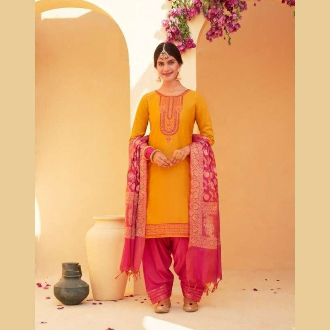 Yellow Color Cotton Silk Patiala Suit With Banarasi Dupatta