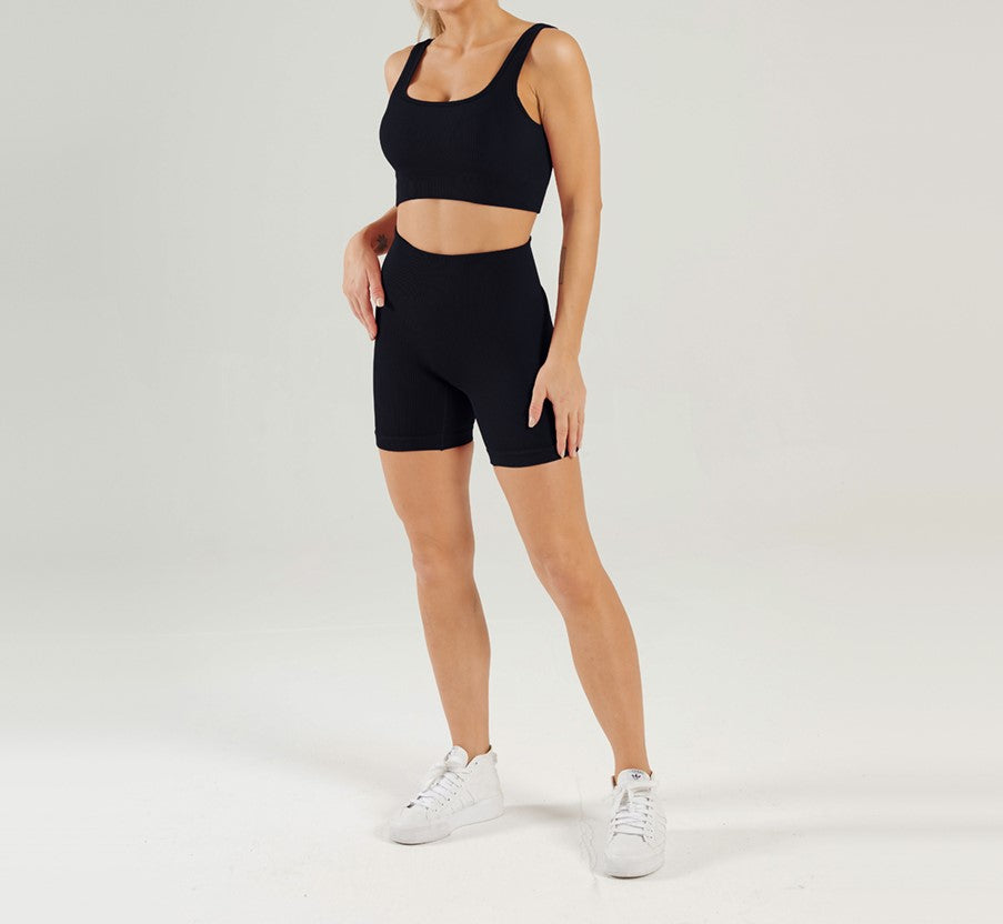 Women Seamless Active Wear Ribbed Fitness Gym Wear Square-Neck Bra Workout Shorts Two Pieces Yoga Set