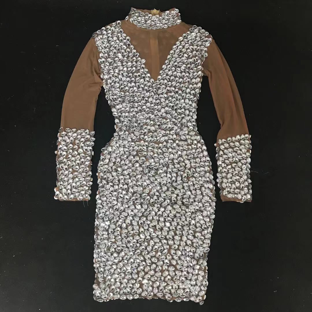 Clothing Female Wholesale Sparkly Crystal Diamond Night Gown Evening Prom Dress Party Dress Mid Length Women Club Wear Outfit