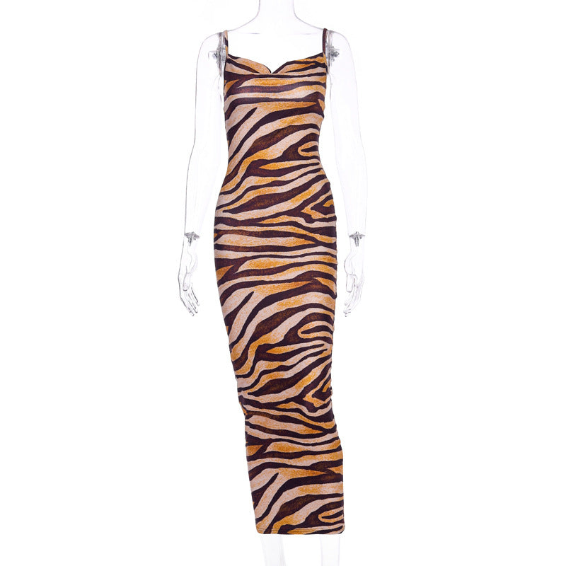 NS043 2022 Spring Summer Zebra Print Beach Dress Sexy Slim Slip Silk Maxi Dress Ladies