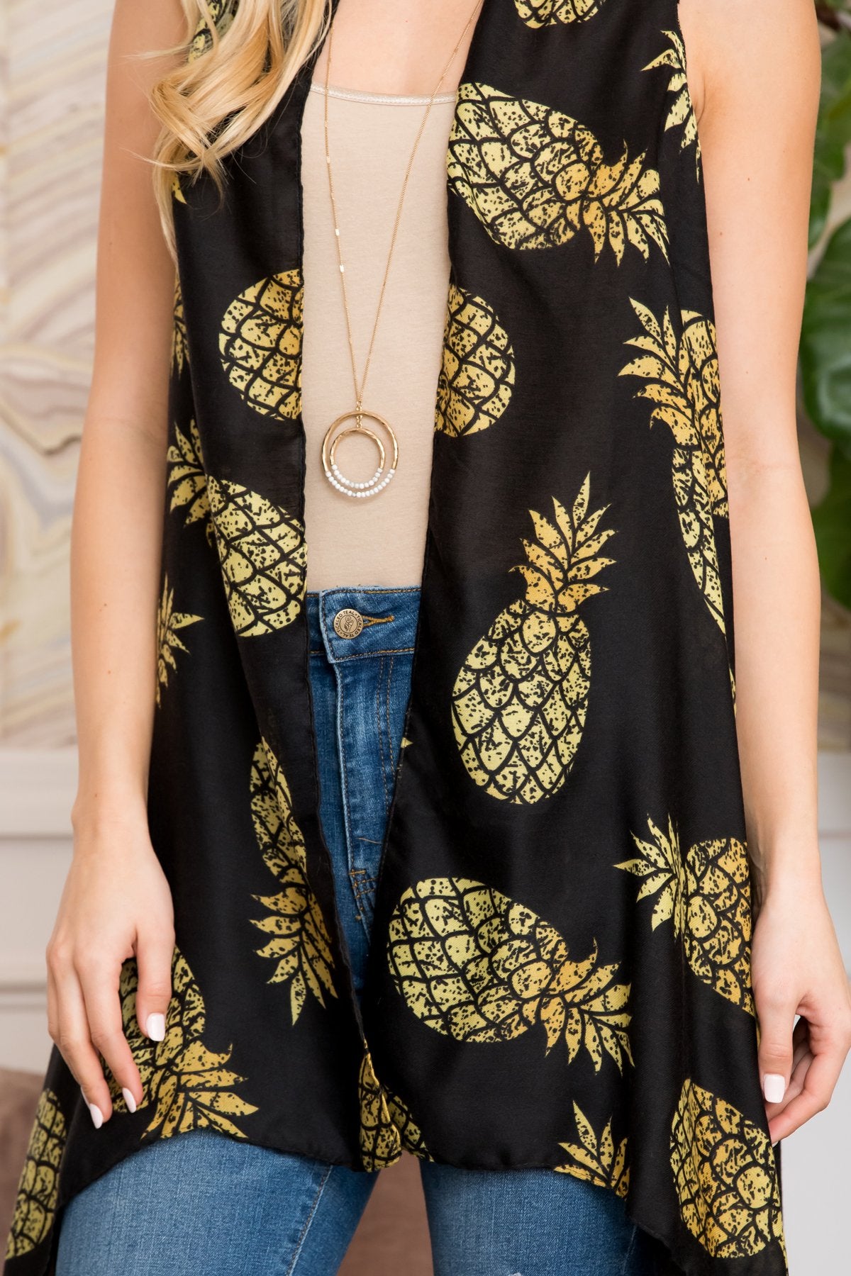 Hdf2660bk - Black Pineapple Printed Open Front Kimono