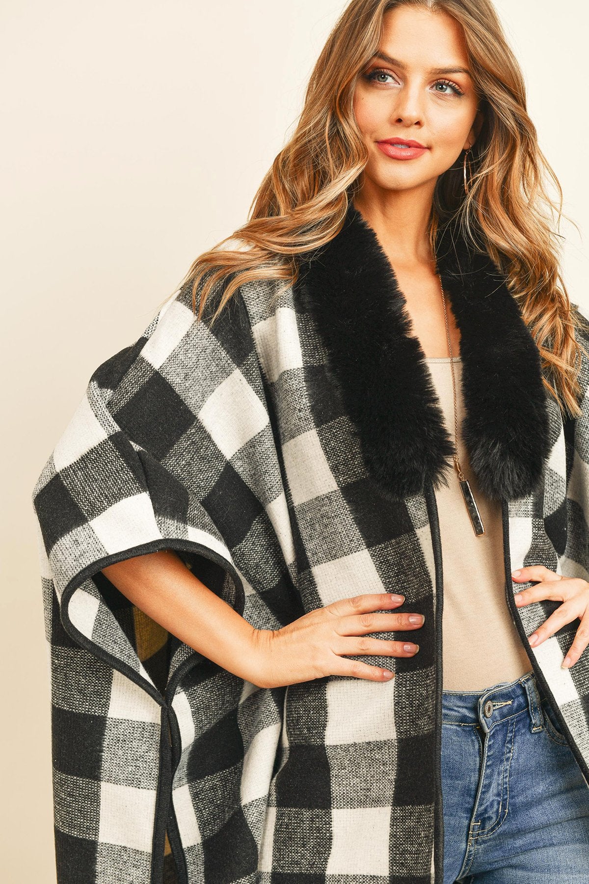 Hdf3144 - Plaid Fur Open Front Kimono