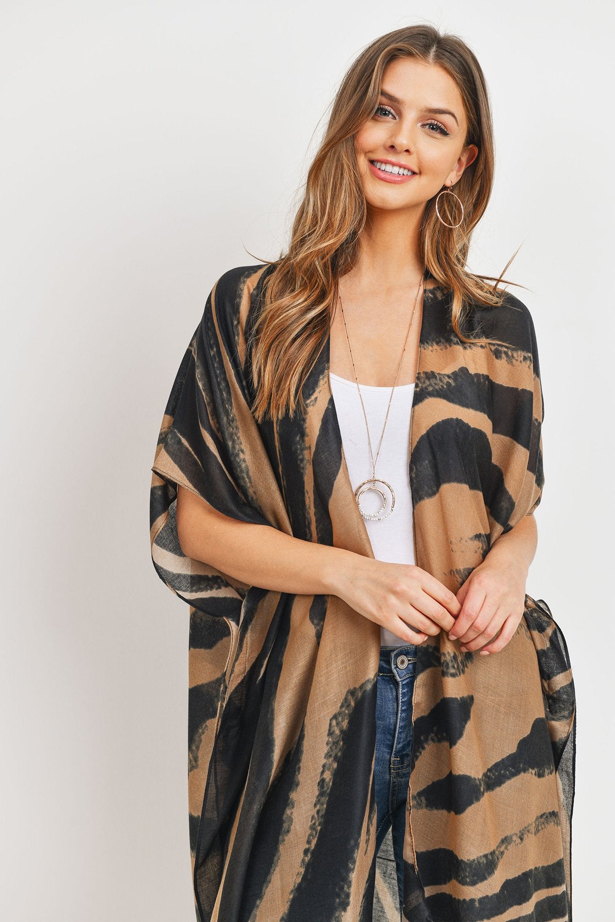 Hdf3167 - Zebra Line Print Open Front Kimono