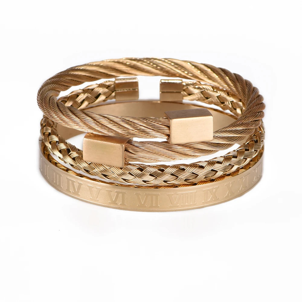 Luxury Roman Number Charm Woven Stainless Steel Bracelet Hip Hop Men Jewelry Gold Color Jewelry for Men Pulseira Bileklik