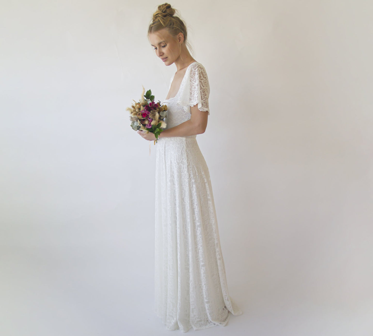 Ivory Square Neckline, Bohemian Butterfly Sleeves Dress #1322