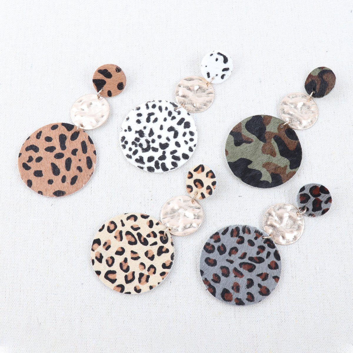Round Leopard Leather With Metal Link Drop Earrings