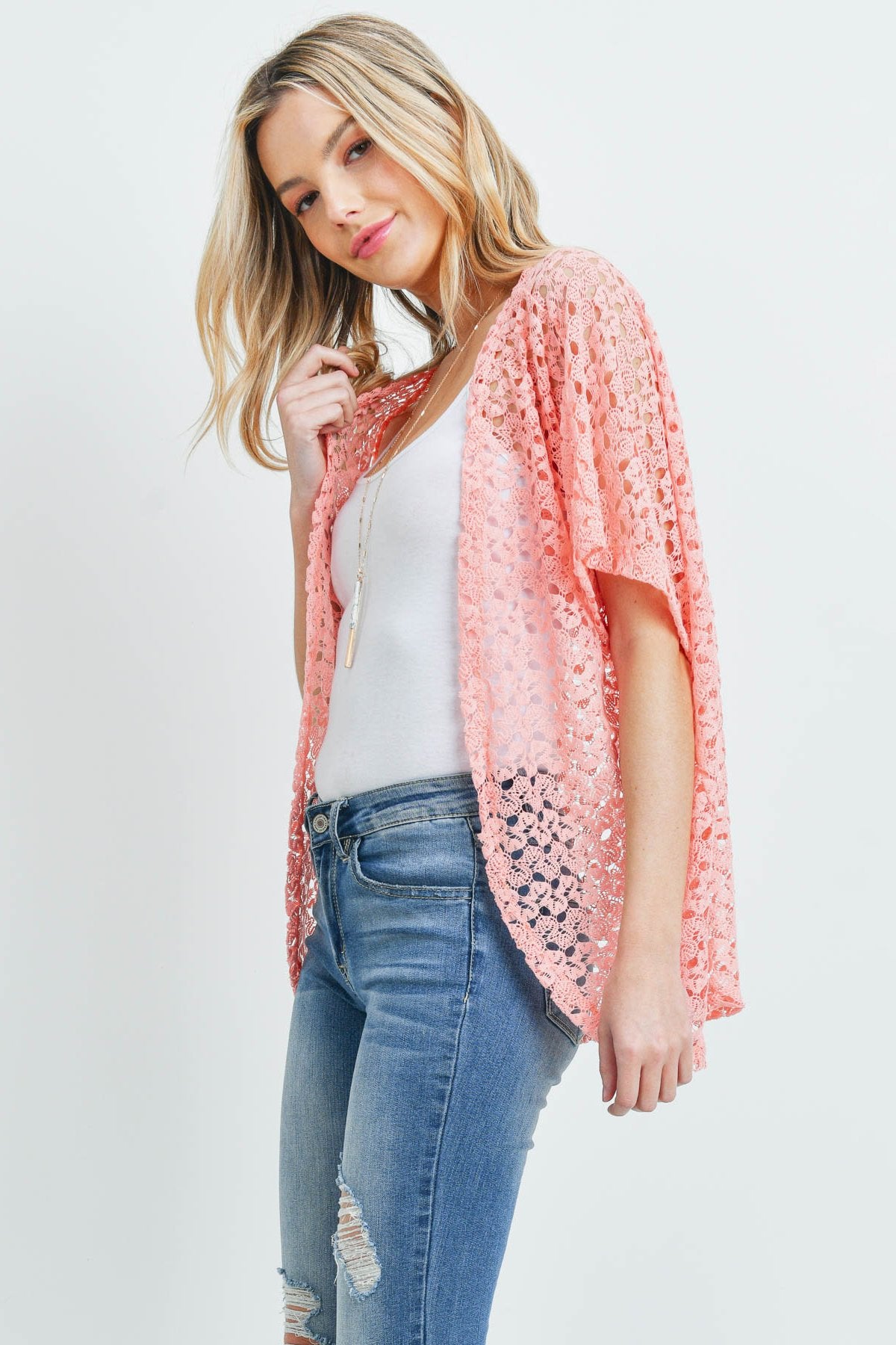 Pn231x017i1 - Pink Hip Length Crochet Kimono