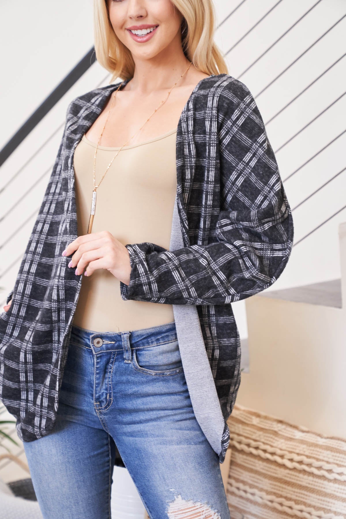 Plaid Round Hem Pocket Open Front Cardigan
