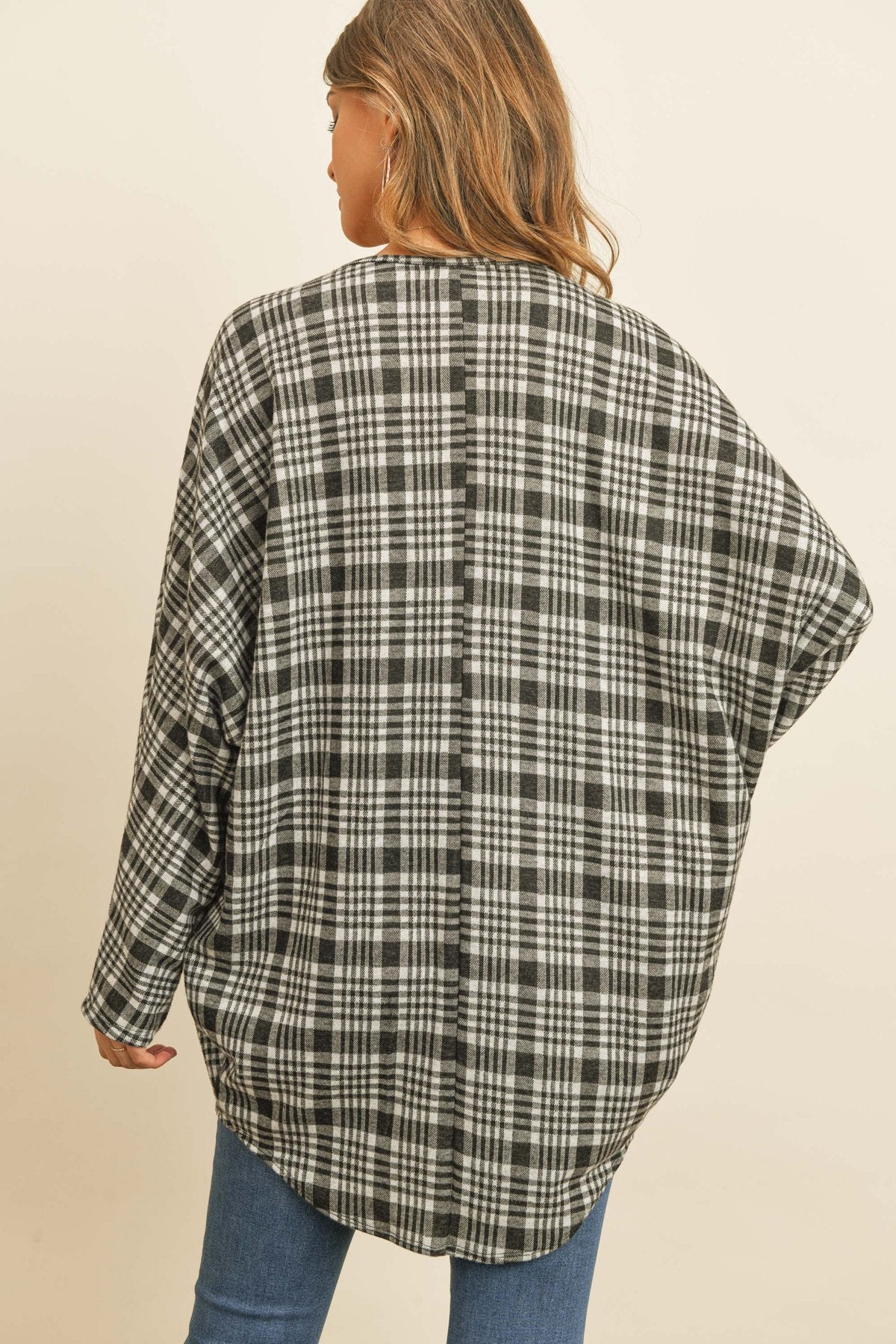 Plaid Round Hem Pocket Open Cardigan