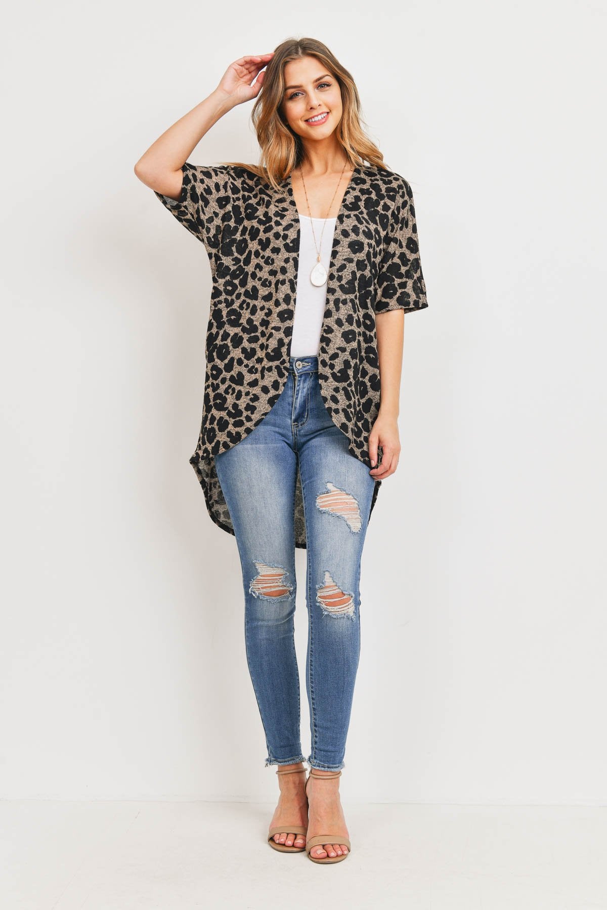 Leopard Short Sleeves Open Front Hi-Low Cardigan