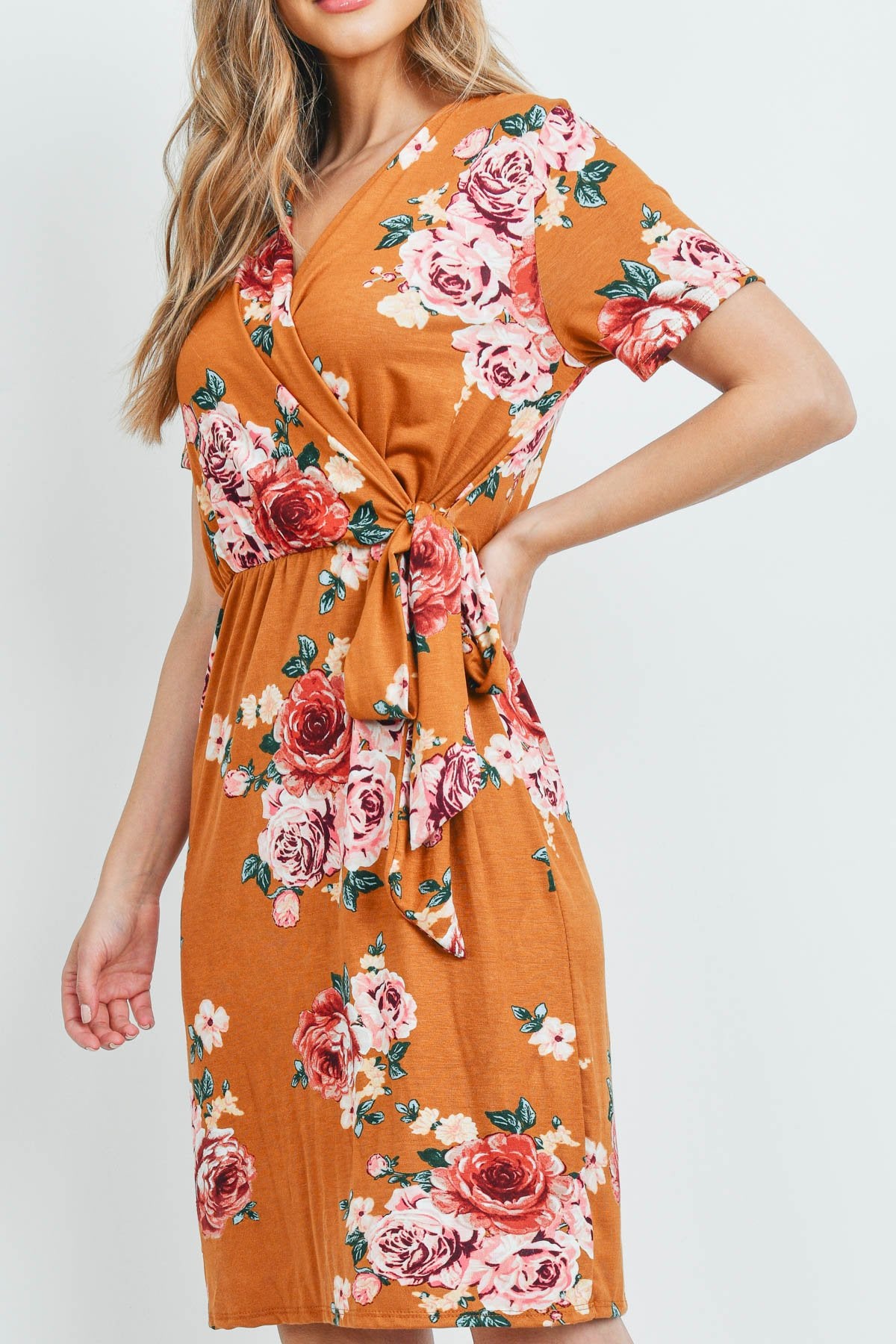 Surplice Neckline Ribbon Detail Floral Dress