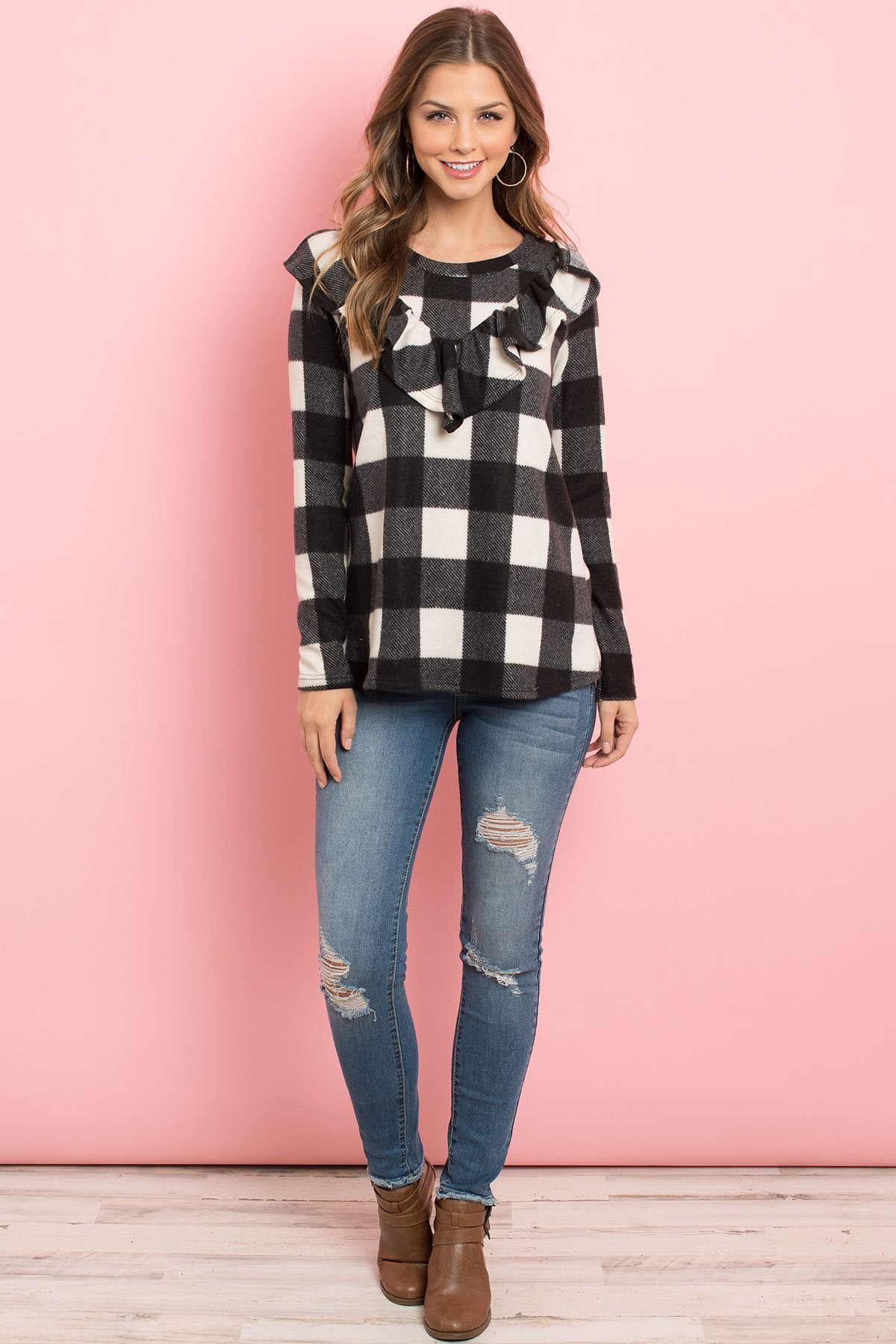 V-Shaped Brushed Plaid Ruffle Detail Long Sleeve Top
