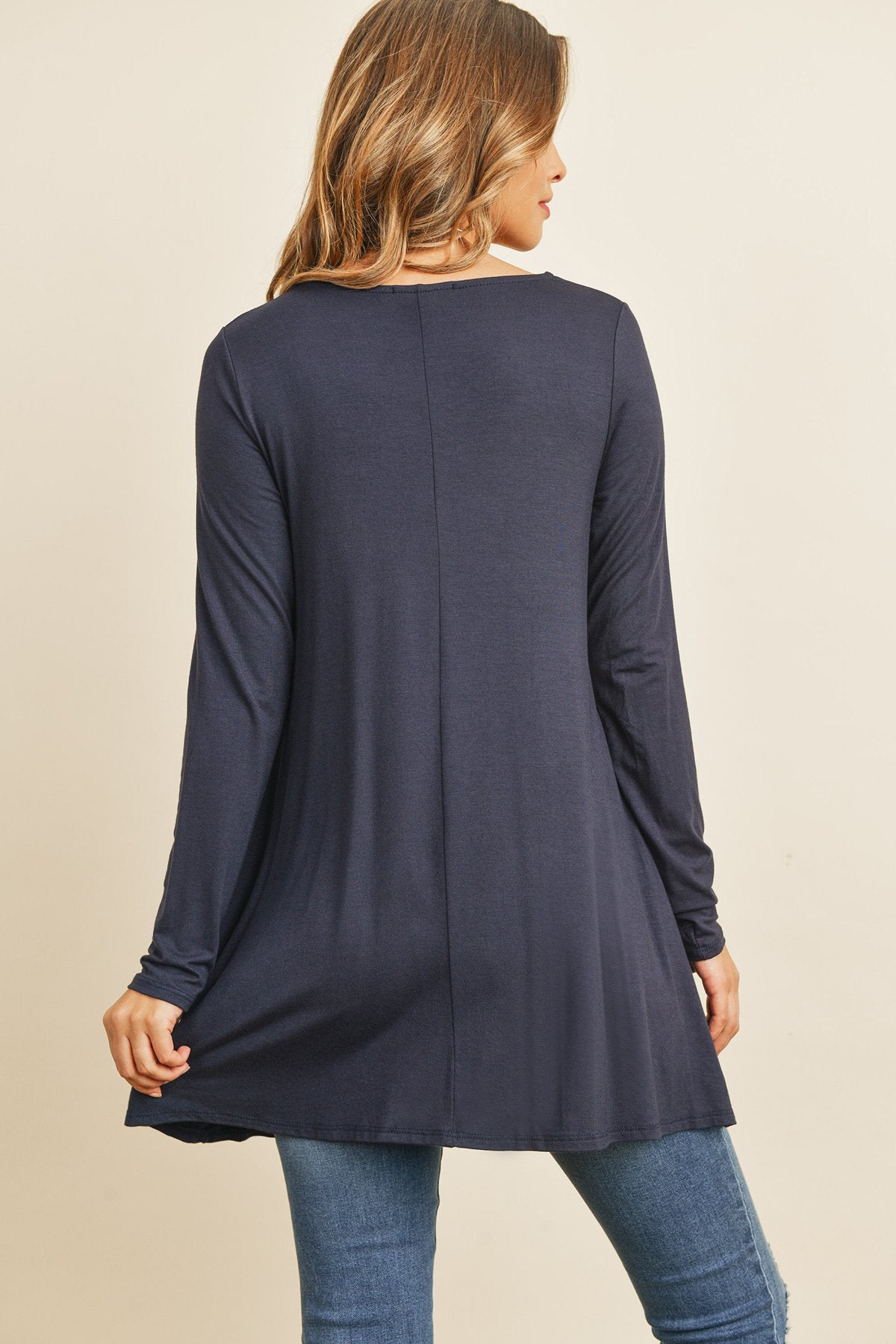 Solid Long Sleeve Top With Inseam Pocket