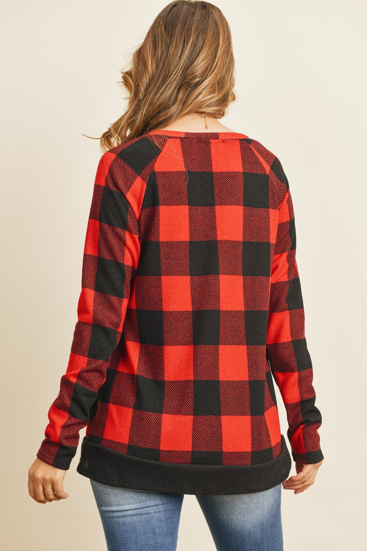 Checker Plaid V-Neck Long Sleeve Top