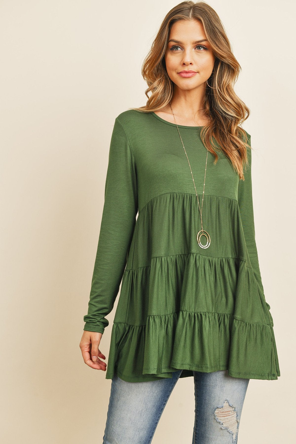 Solid Long Sleeves Tiered Ruffle Top