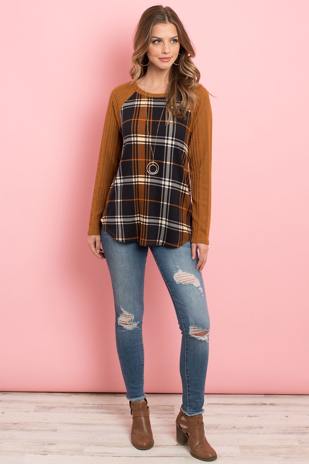 Long Sleeve Knit Detail Contrast Plaid Top