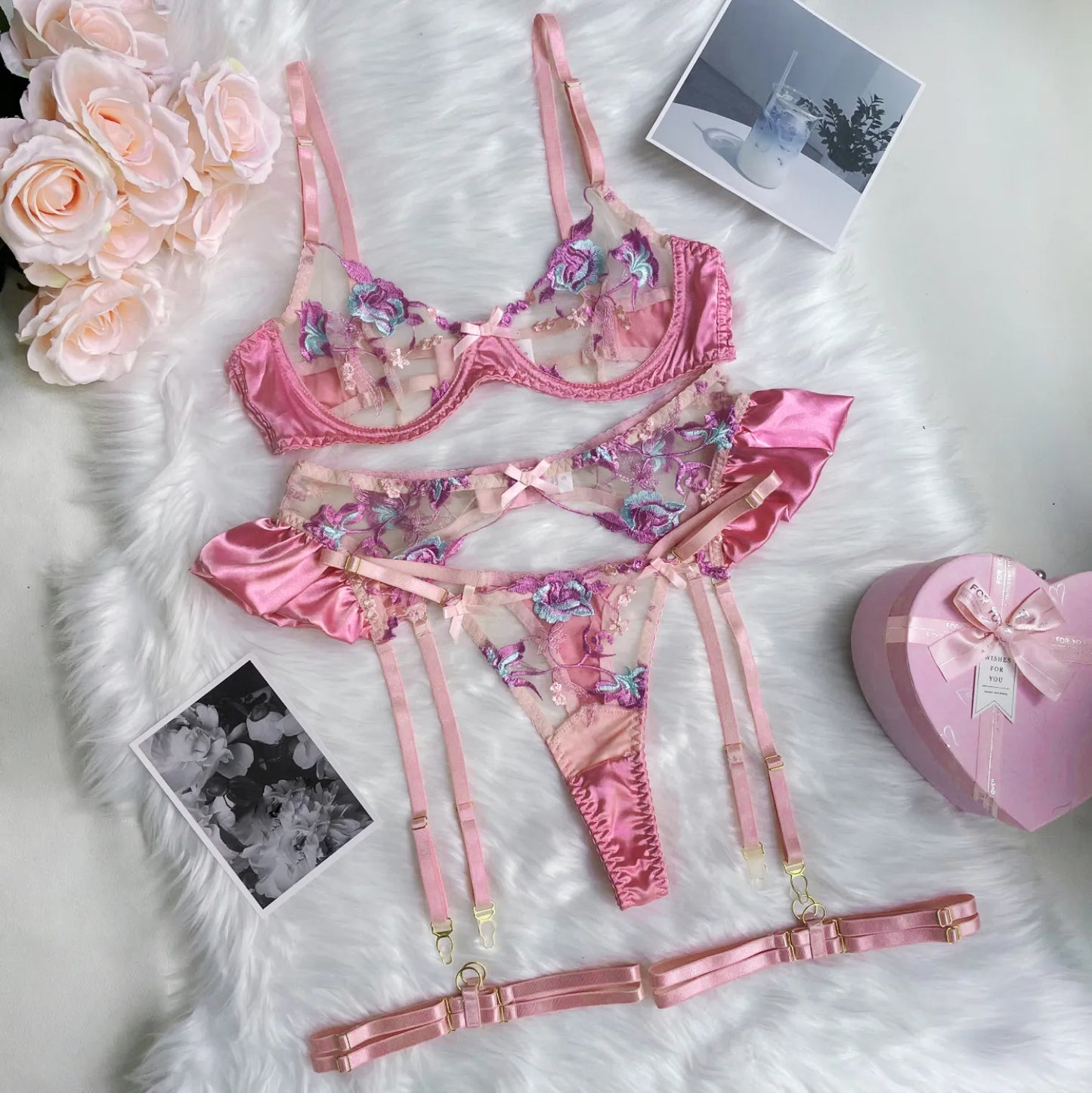 Ellolace Ruffle Erotic Lingerie Floral Intimate Set Transparent Lace Sexy Fantasy Underwear Luxury Attractive Pushup Bra Outfits