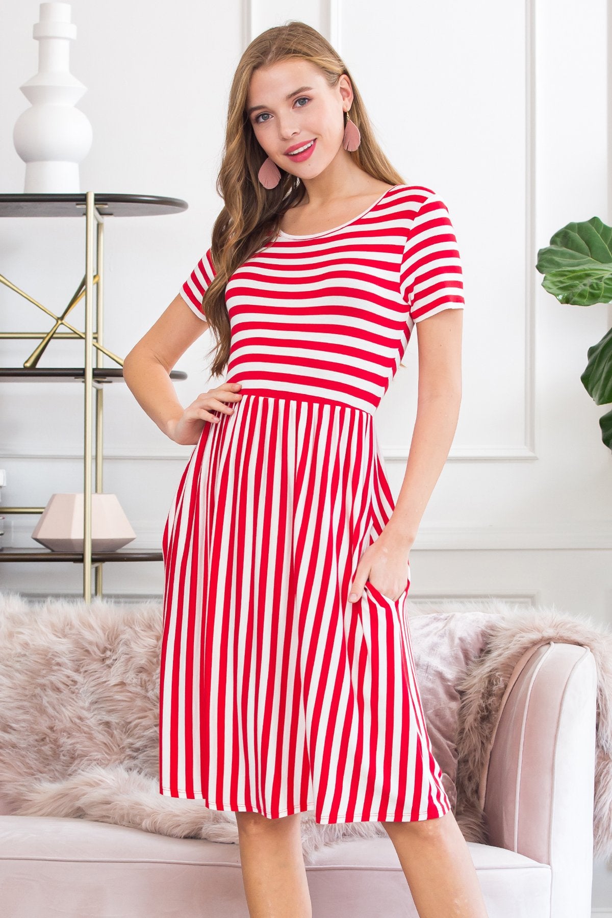 Short Sleeved Empire Waist Striped Pocket Dress