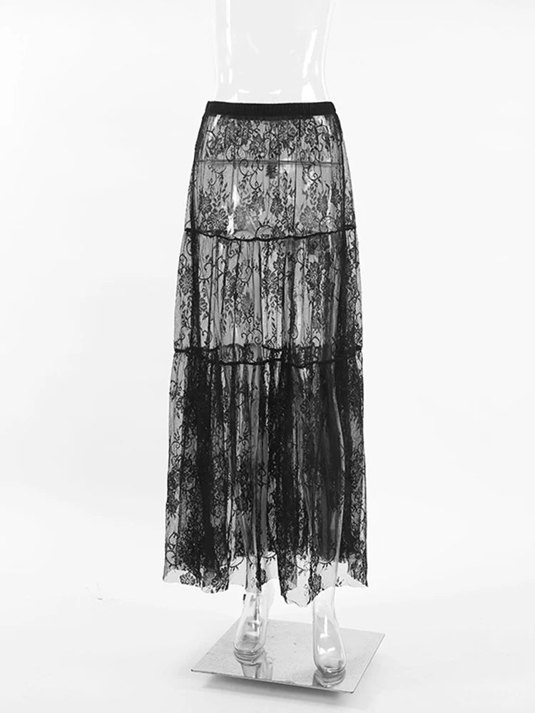 Mueyeruho 2024 Spring Summer Women Sexy Maxi Lace Skirts Solid High Waist Flare Long Skirt for Women