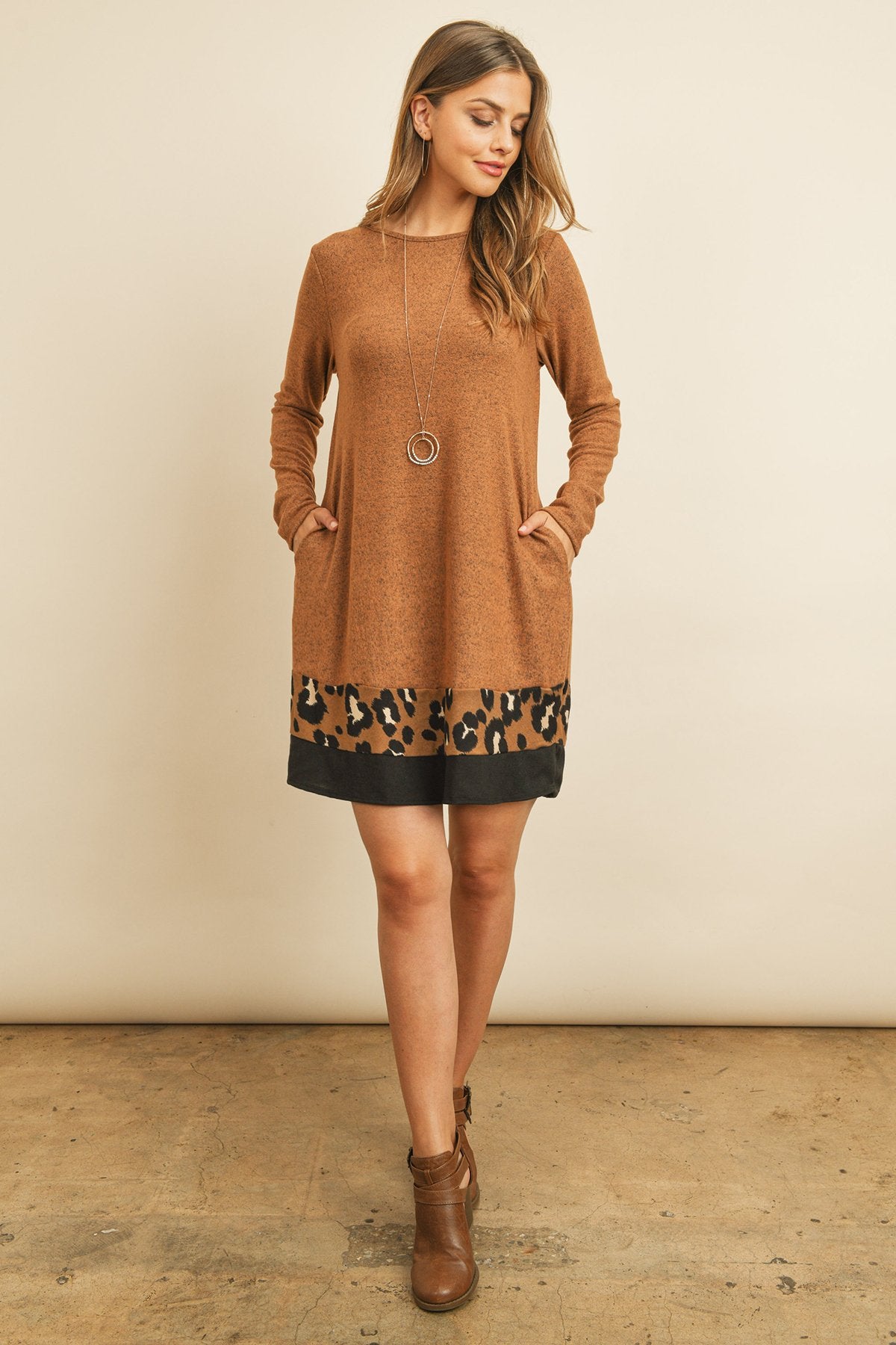 Long Sleeve Leopard Contrast Dress