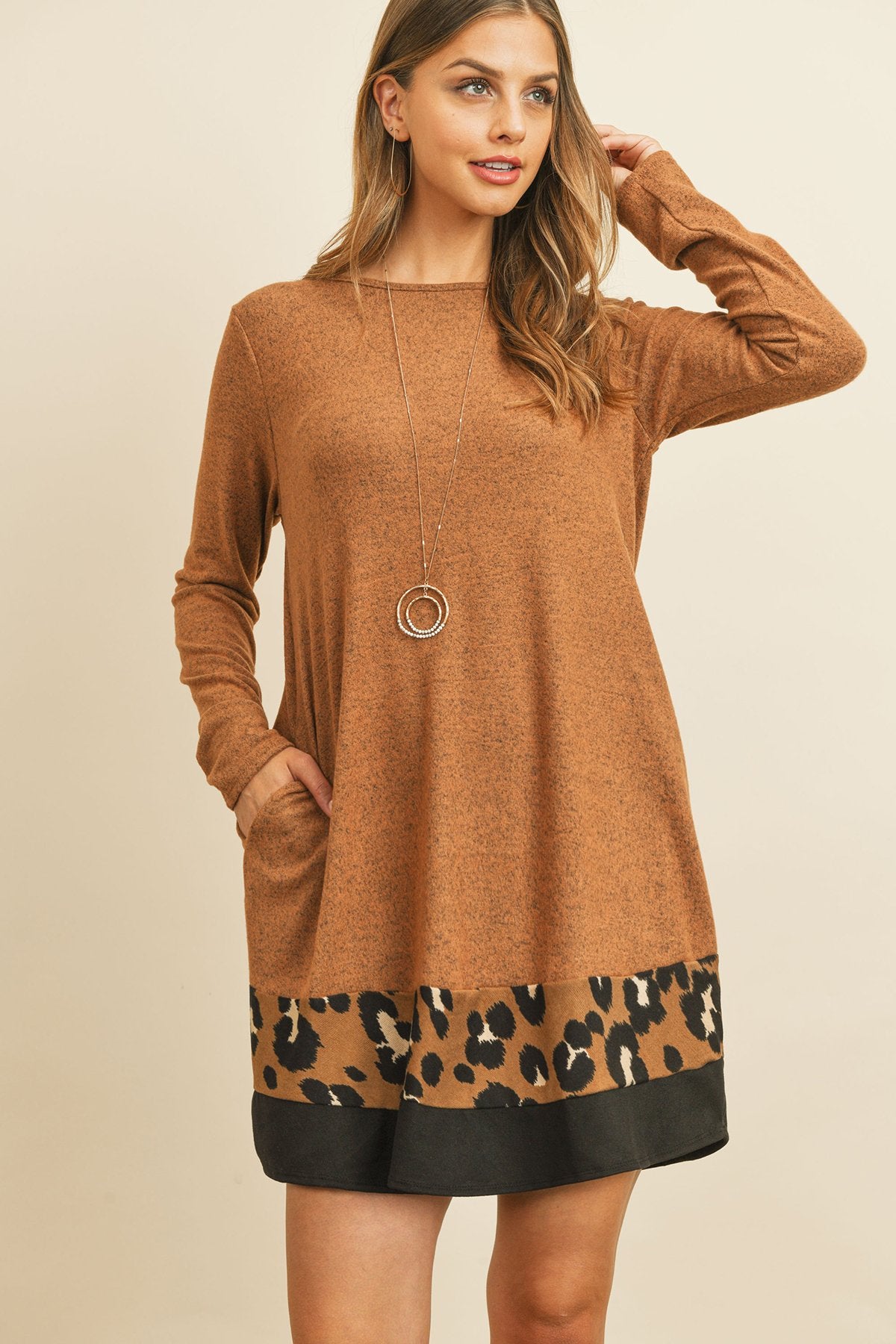 Long Sleeve Leopard Contrast Dress