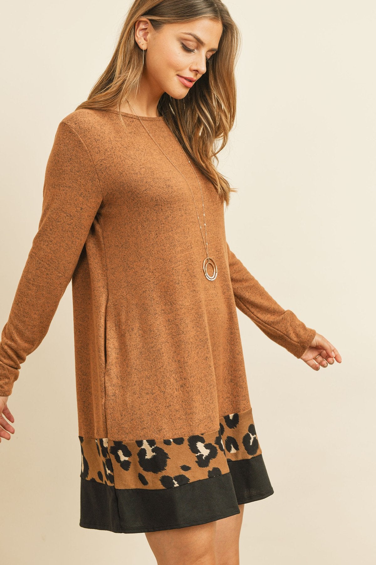 Long Sleeve Leopard Contrast Dress