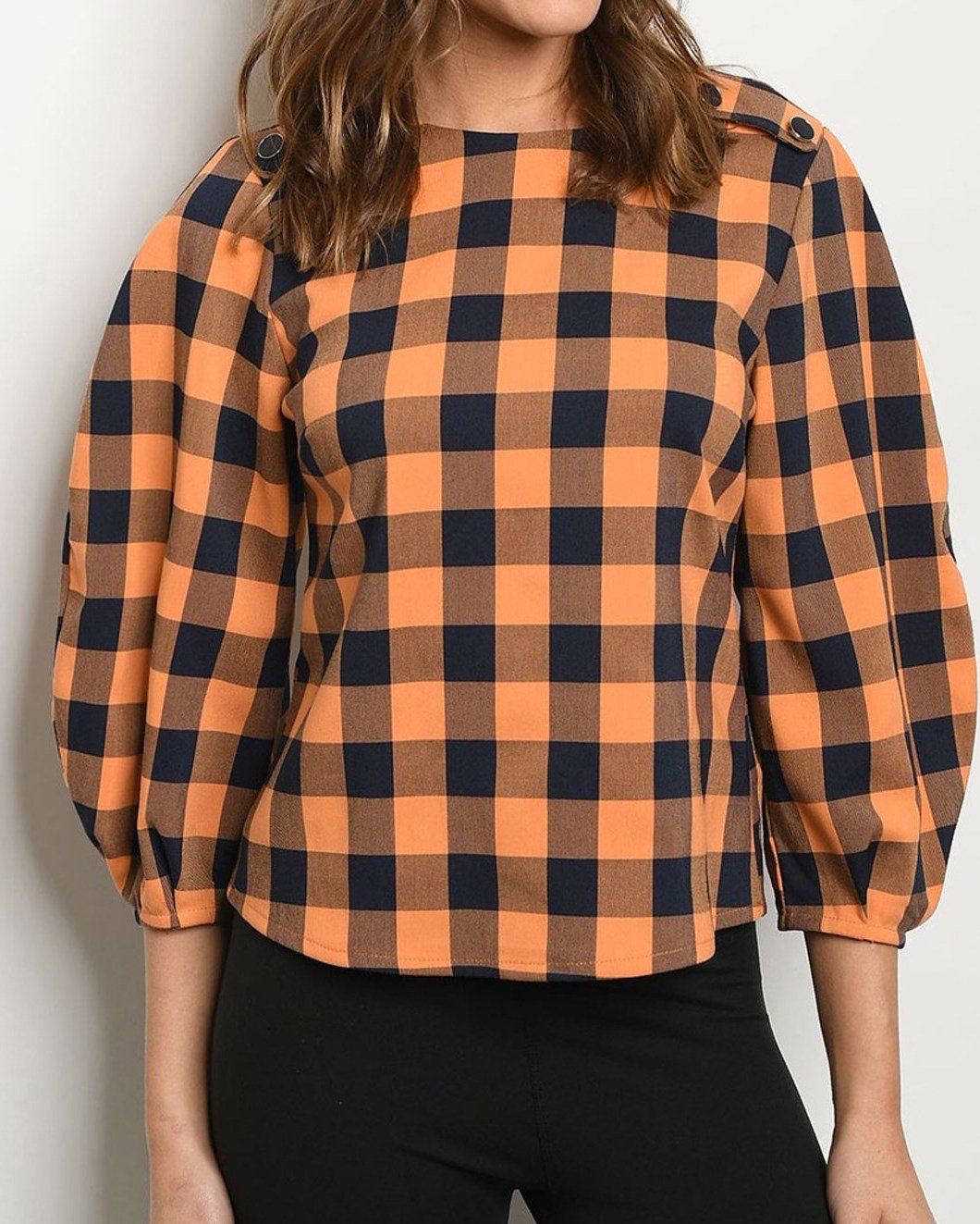 Checkered Print Puff Top