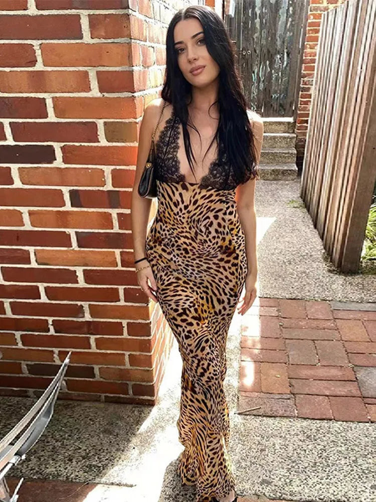 Chic Lace Leopard  V-Neck Sleeveless Backless
