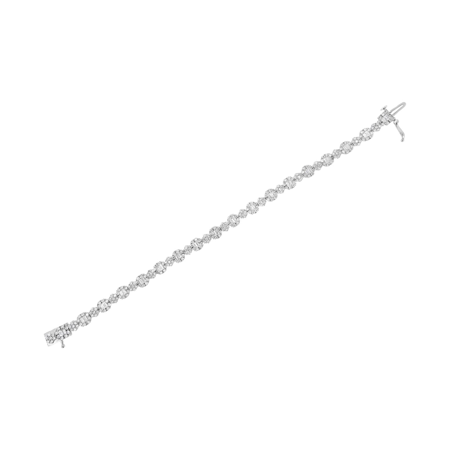 10K White Gold 4.0 Cttw Brilliant Round-Cut and Baguette Diamond Floral Cluster Link Bracelet (I-J Clarity, I1-I2 Color)