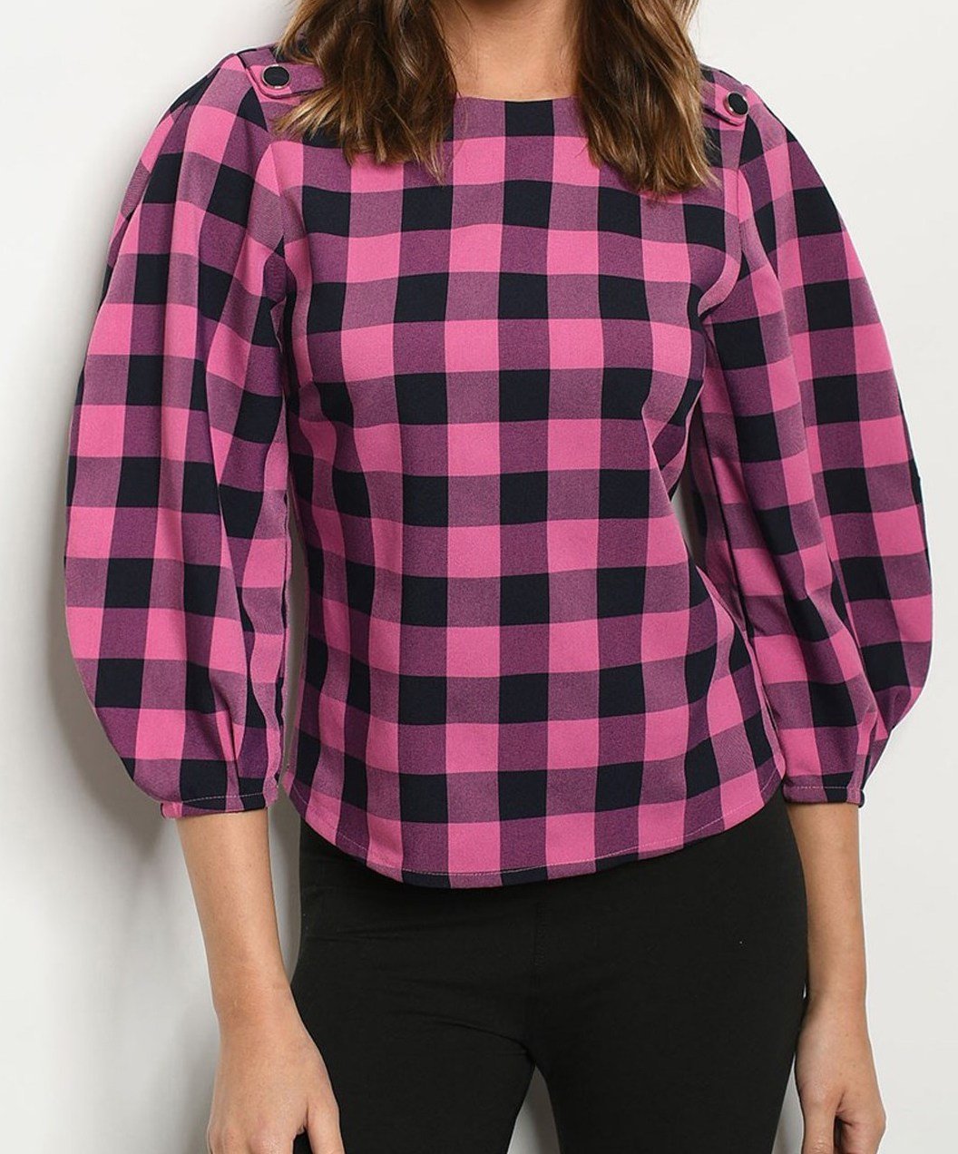 Checkered Print Puff Top