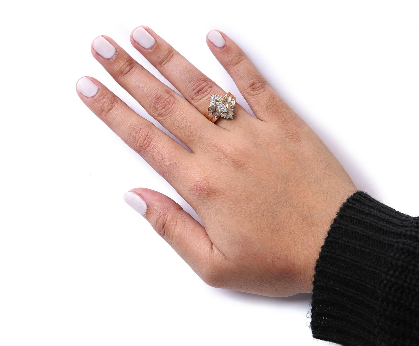 10K Two-Toned 1/2 Cttw Round and Baguette-Cut Composite Pear Head Diamond Ring (H-I Color, I2-I3 Clarity)
