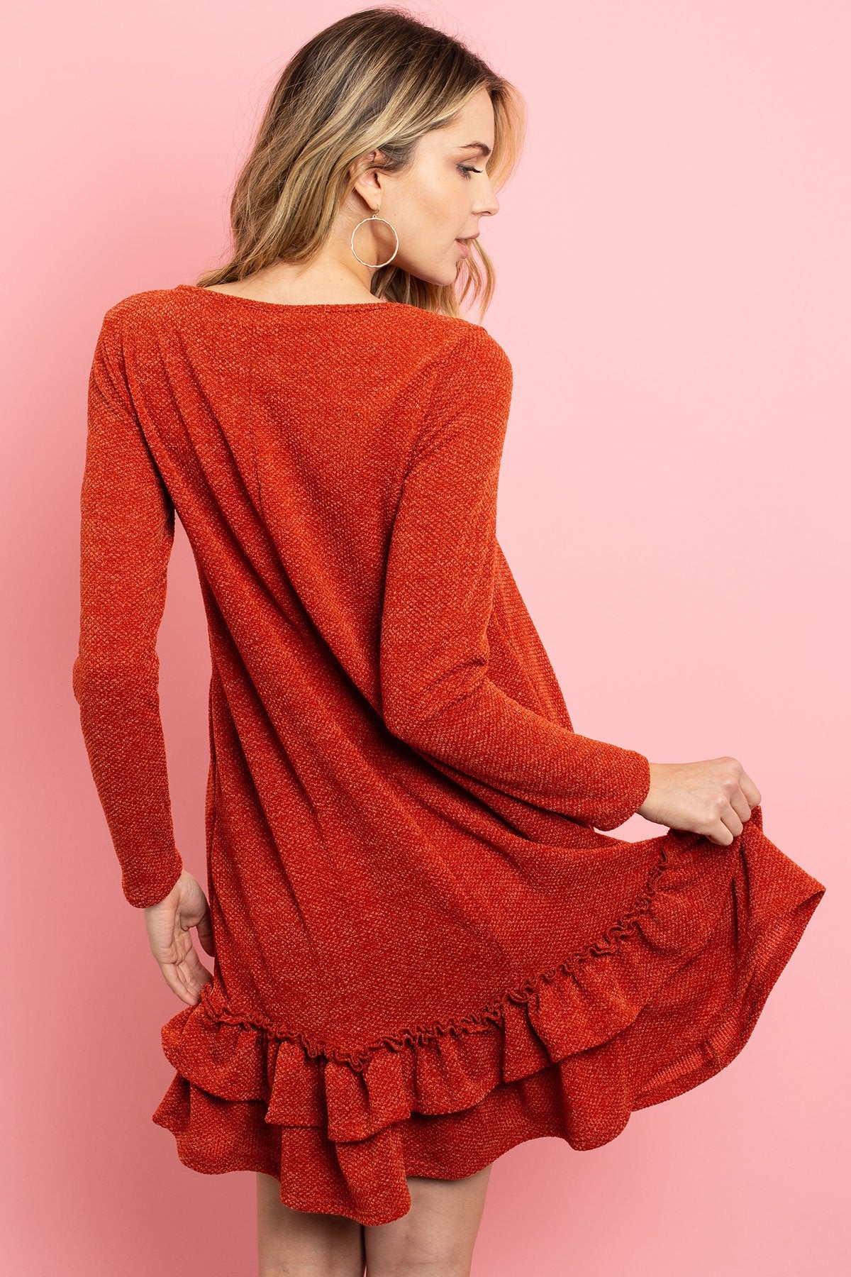 Quarter Sleeve Drake Layered Ruffle Hem Dress