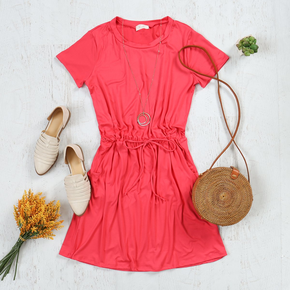 Cinch Waist Ribbon Detail Short Sleeves Solid Dress
