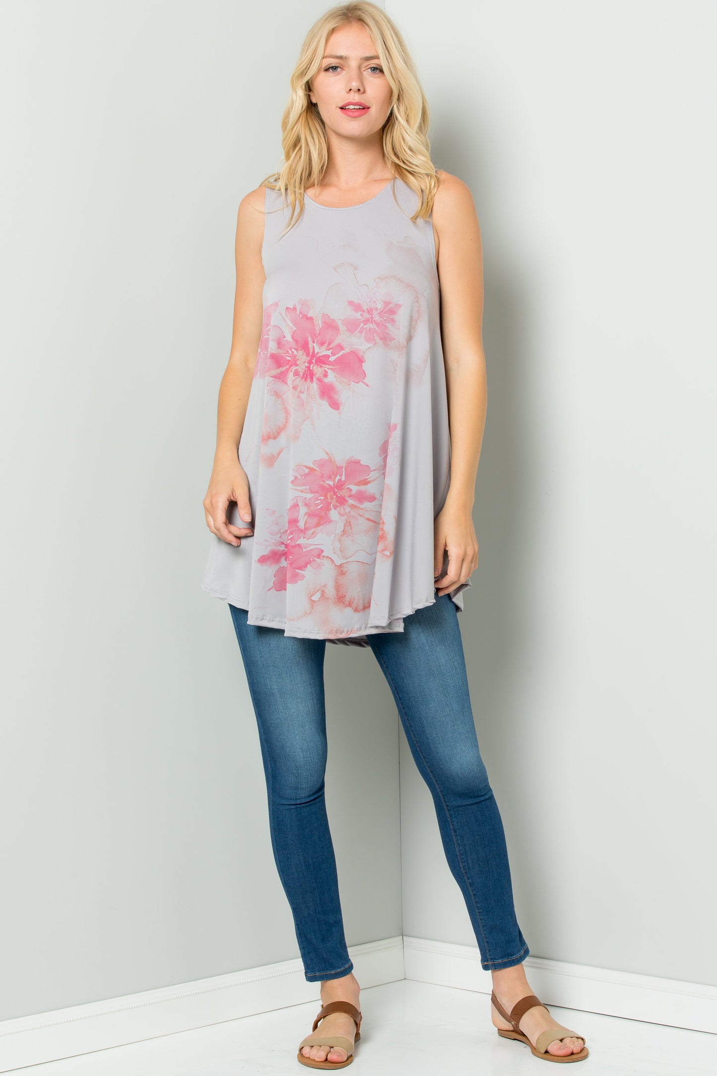 Sleeveless Tunic Dress With Floral Print Sublimation