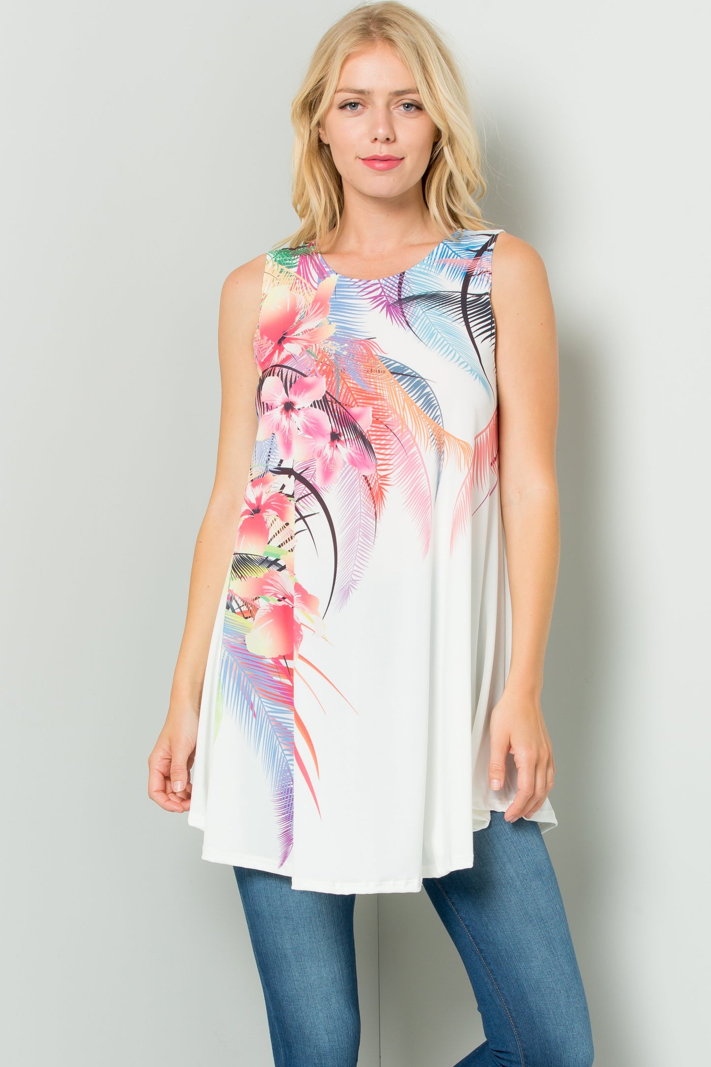 Sleeveless Tunic Dress With Floral Print Sublimation