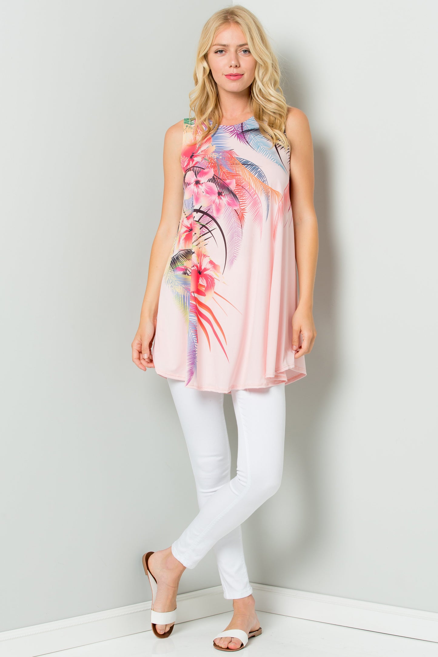 Sleeveless Tunic Dress With Floral Print Sublimation