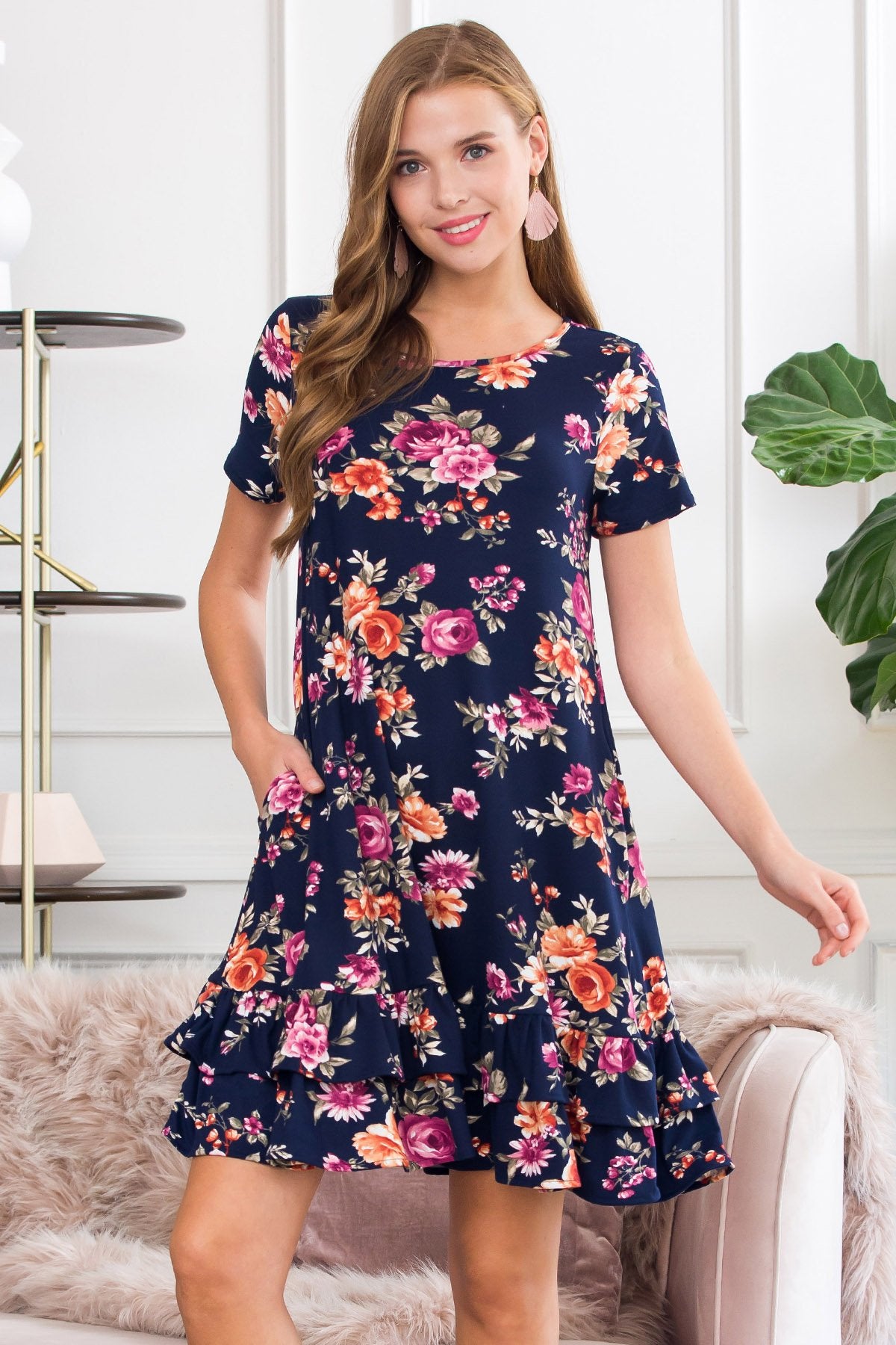 Short Sleeved Floral Midi Ruffled Dress | Riah Fashion