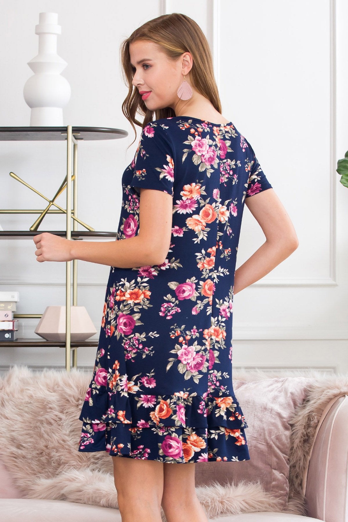 Short Sleeved Floral Midi Ruffled Dress | Riah Fashion