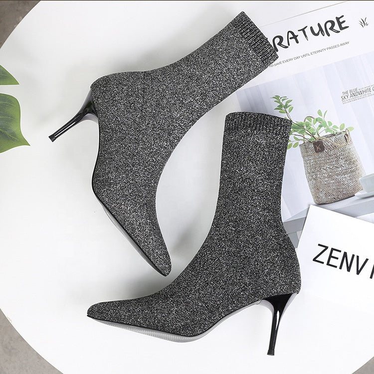Winter Fashion Pointed Toe Elastic Sock Boots Women Sexy High Heel Ankle Boots