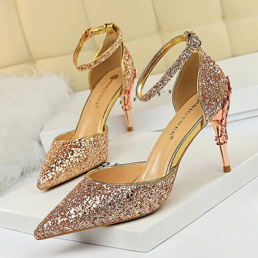 283-5 Luxurious Trendy Ladies Sandals Hollow Out Party Metal Heel Shiny Sequin Slip-On High Heel Sandals Wedding Shoes for Bride