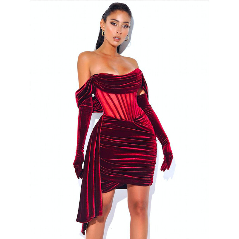 2023 Newest Christmas Red Off Shoulder Pleated Dress Women Mini Dress Lady Slim Fit Party Dress