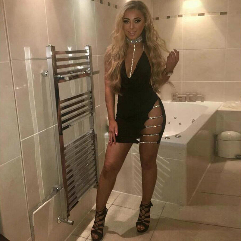 Night Club Bright Diamond Halter Sexy Cut Out Tight Mini Party Dress