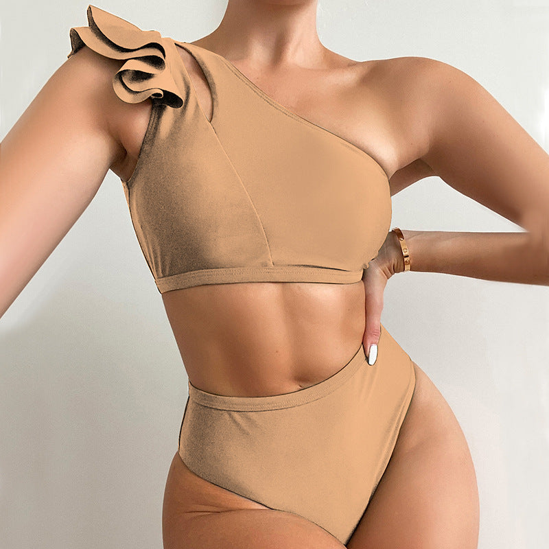 Sexy Figure-Hugging Ruffle Trim One Shoulder Top Cover Up Swimsuit Custom Bikini Swimwear Solid High Waist Swimwear Women