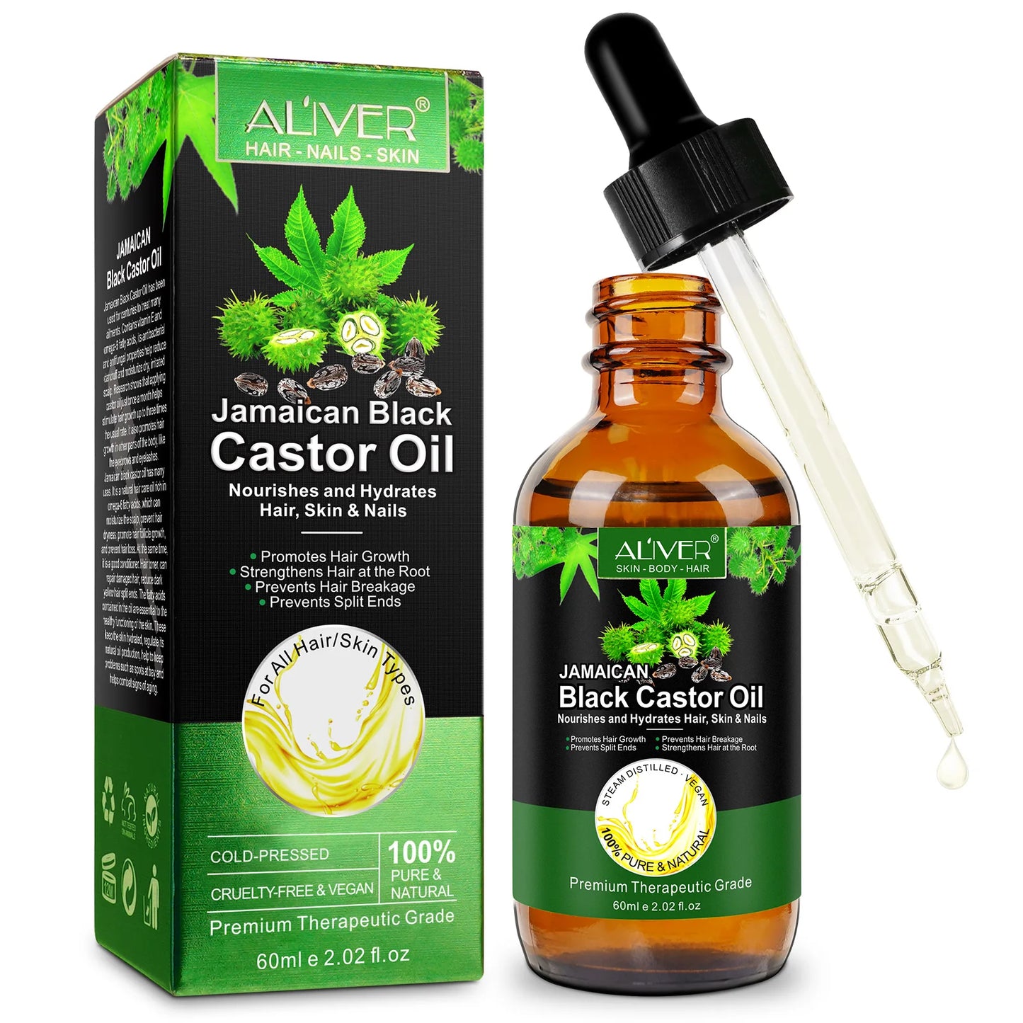 ALIVER 60Ml Pure Jamaican Black Castor Essential Oil Scalp Hair Strengthening Oil Infused Biotin and Encourages Growth Hair Oil