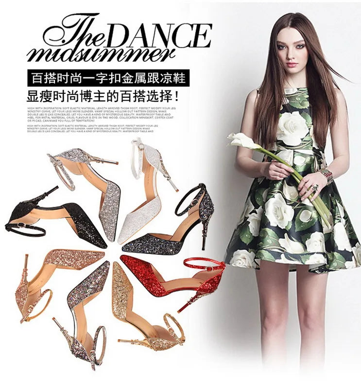 283-5 Luxurious Trendy Ladies Sandals Hollow Out Party Metal Heel Shiny Sequin Slip-On High Heel Sandals Wedding Shoes for Bride