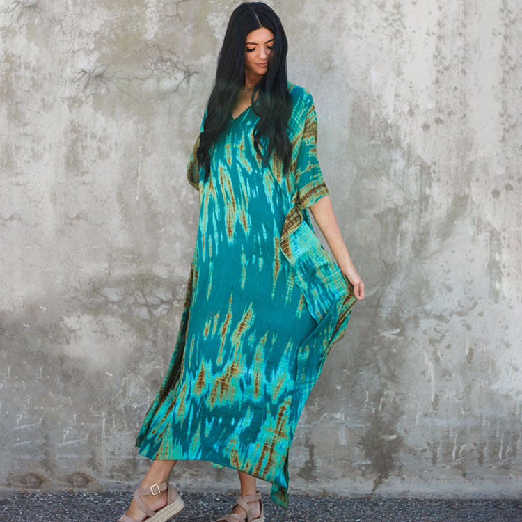 Wholesale Tie Dye Boho Kimono Beach Cover Up Cotton Sarong Beachwear Dress Ladies Kaftan