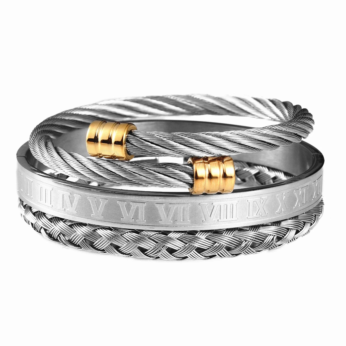 Luxury 3pcs/Set Stainless Steel Bracelet Hip Hop Men Jewelry Roman Number Charm Gold Color Jewelry for  Men Pulseira Bileklik