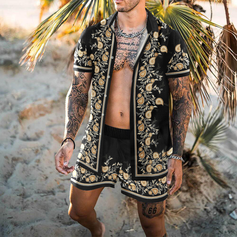 Summer Short Sleeve Shirt Suit Men Fashion Floral Print Hawaiian Shirts + Beach Shorts Casual Beach Clothing Sets Vetement Homme