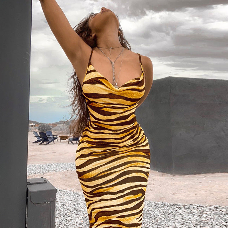NS043 2022 Spring Summer Zebra Print Beach Dress Sexy Slim Slip Silk Maxi Dress Ladies
