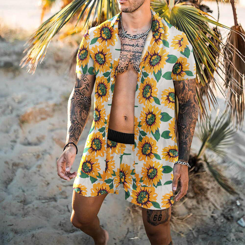 Summer Short Sleeve Shirt Suit Men Fashion Floral Print Hawaiian Shirts + Beach Shorts Casual Beach Clothing Sets Vetement Homme